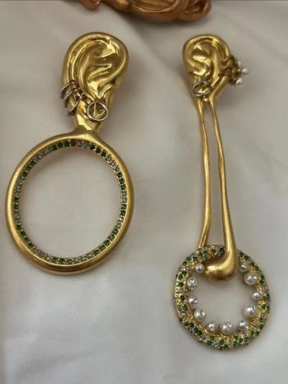 Gold Hoop Drop Earrings with Green Crystals and Pearl Accents